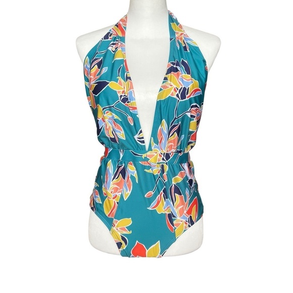 ModCloth Swimsuit Women’s Medium Teal Floral One Piece Bethany Halter Retro - Picture 7 of 14